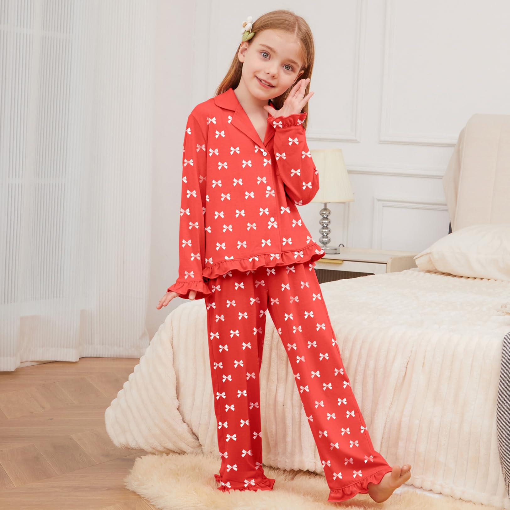 Girls Ruffle Long Sleeve Button-Down Pajama Set