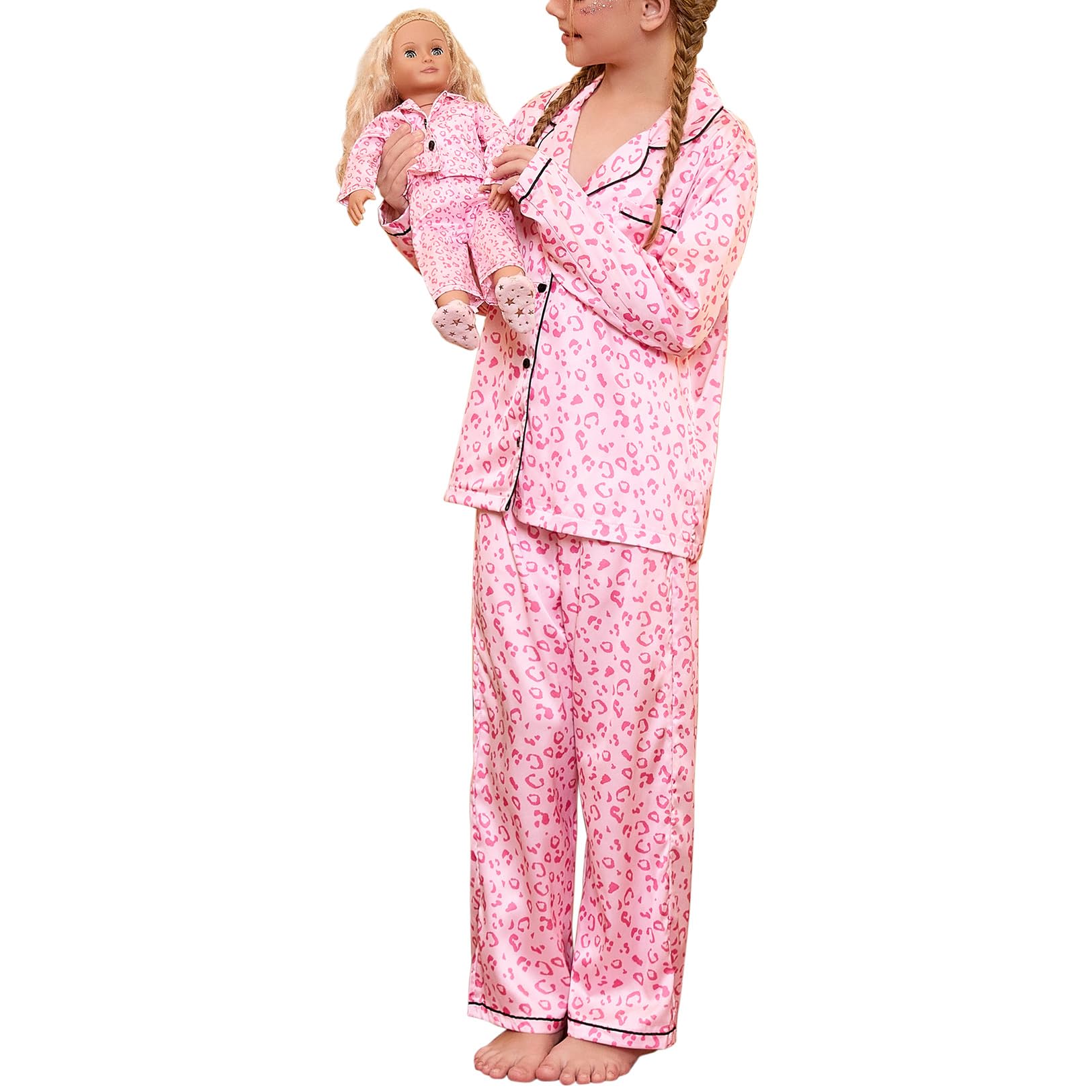 Girls Long Sleeve Satin Pajama Set with Matching Doll PJs