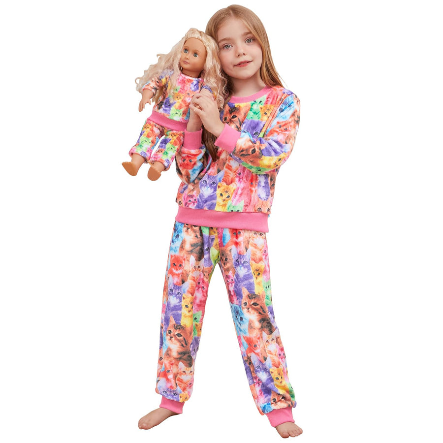 Girls Long Sleeve Fleece Pajama Set with Matching Doll PJs