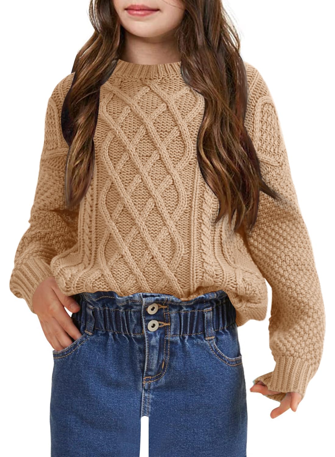 Kids Long Sleeve Cable Knit Crewneck Sweater