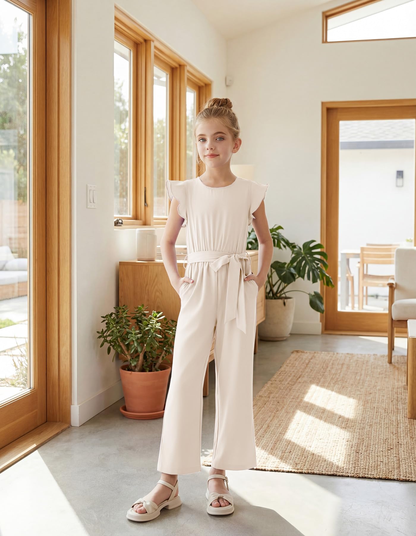 Girls Belted Wide Leg Jumpsuit with Pockets