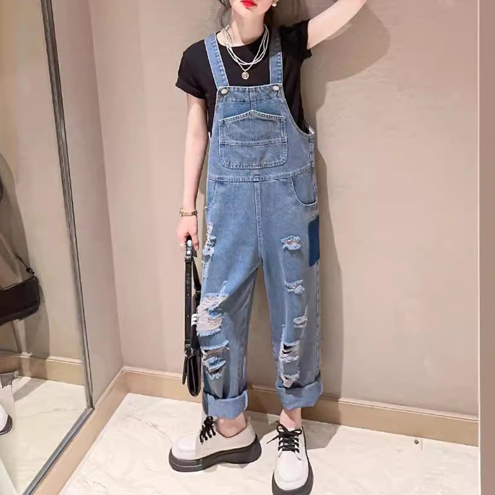 Girls Distressed Wide-Leg Denim Overalls
