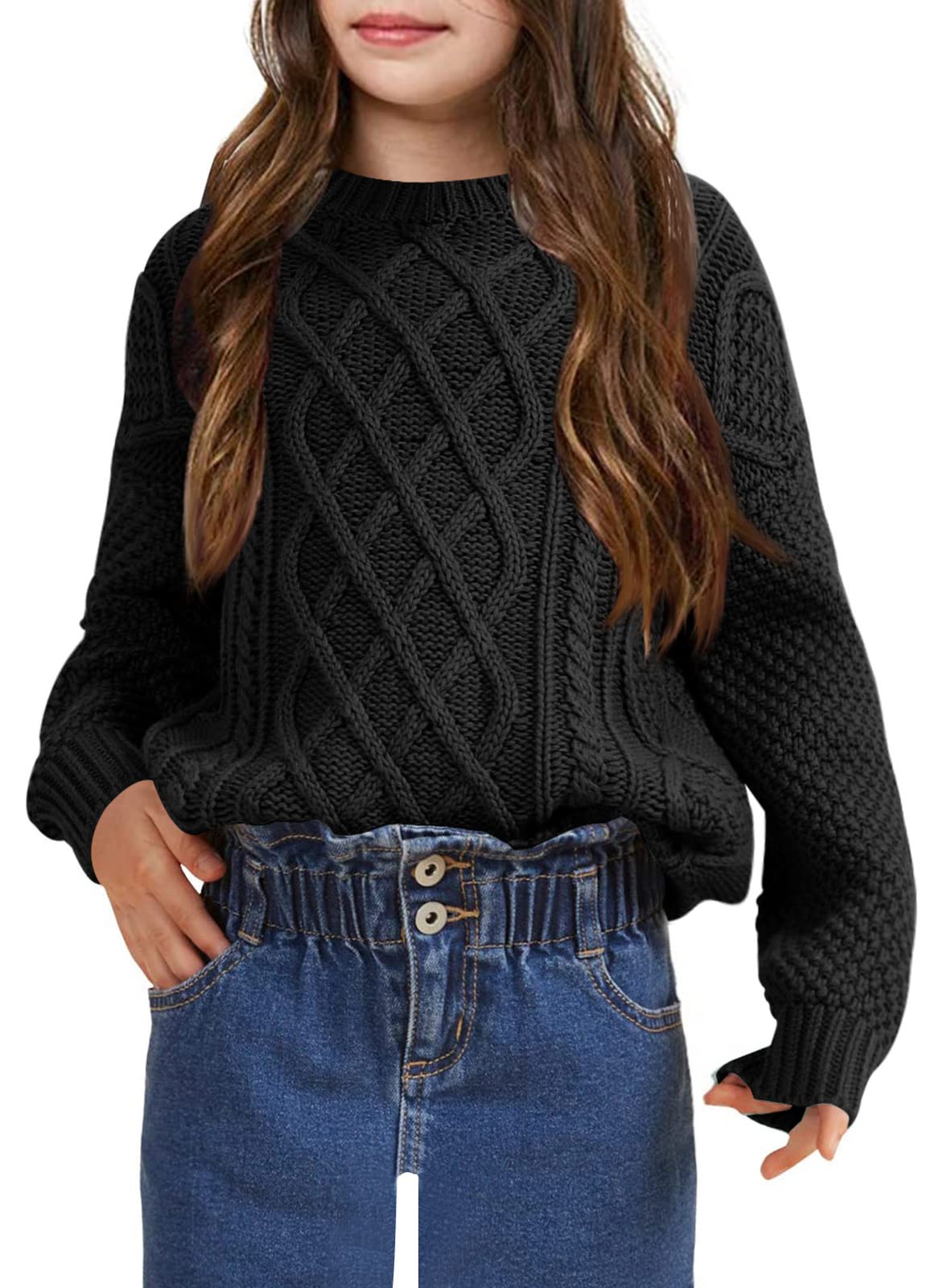 Kids Long Sleeve Cable Knit Crewneck Sweater