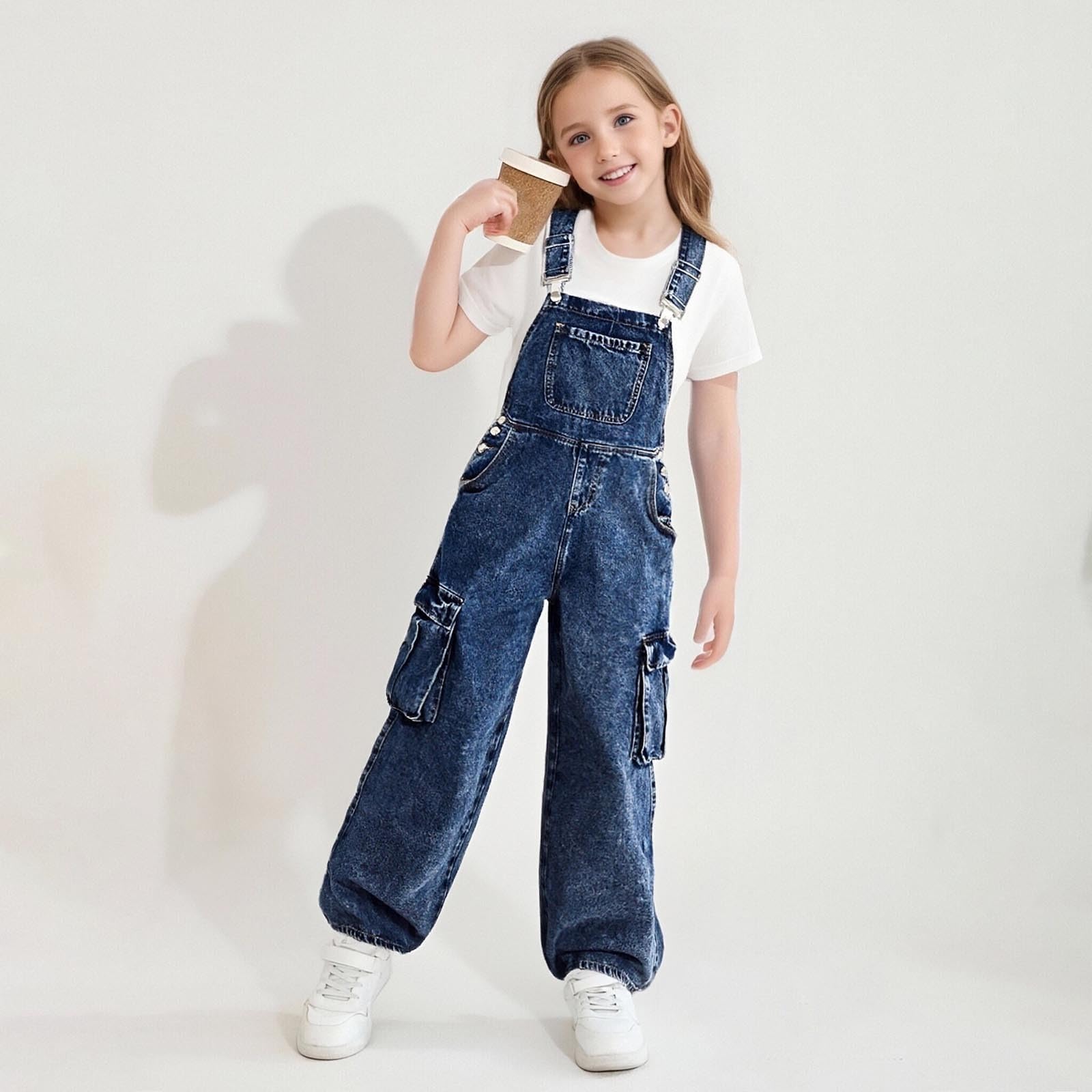 Girls Baggy Cargo Denim Overalls