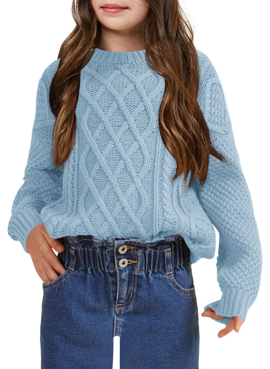 Kids Long Sleeve Cable Knit Crewneck Sweater
