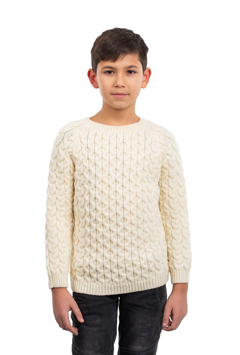 Kids Classic Aran Cable Knit Merino Wool Sweater