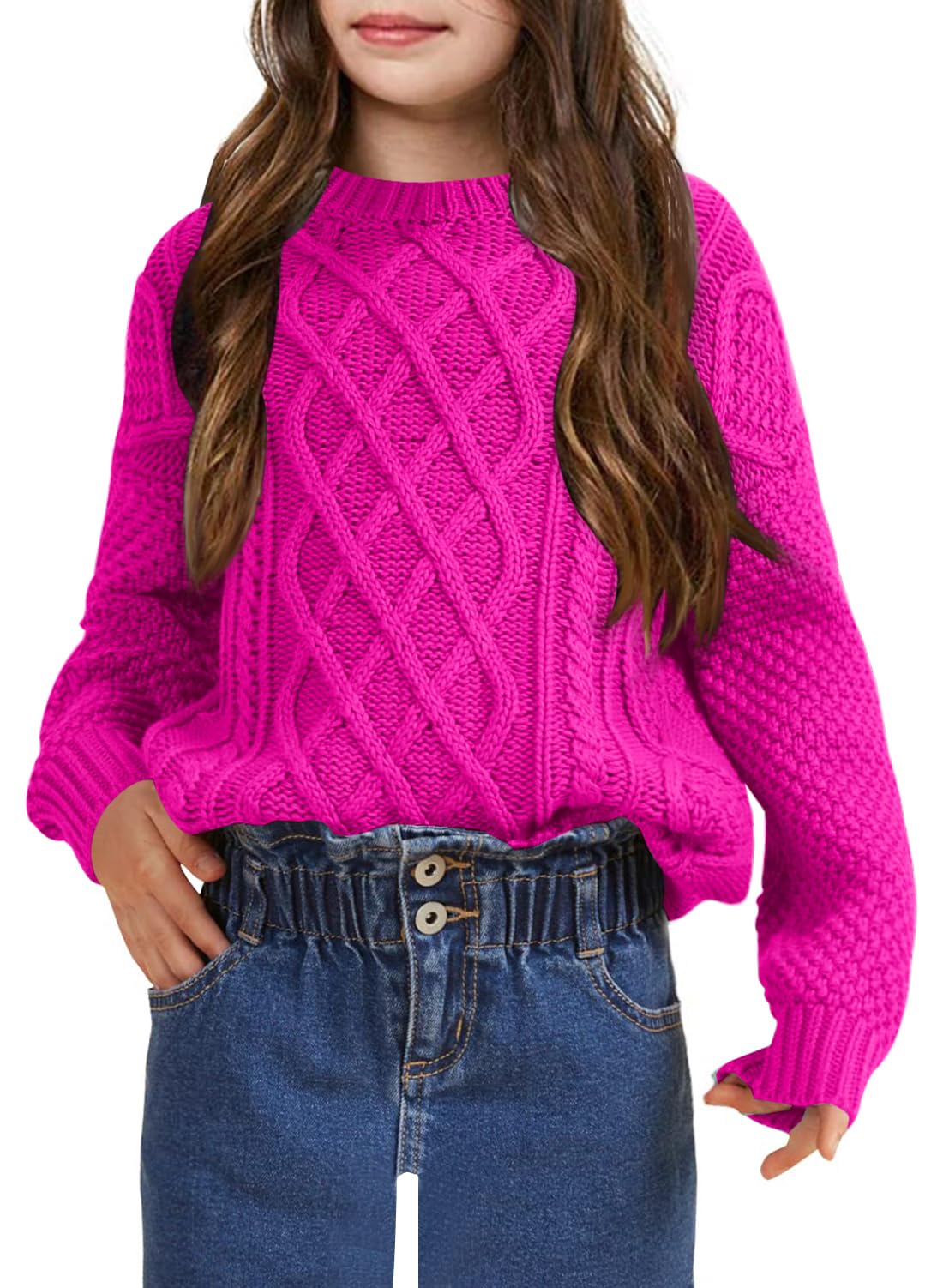 Kids Long Sleeve Cable Knit Crewneck Sweater