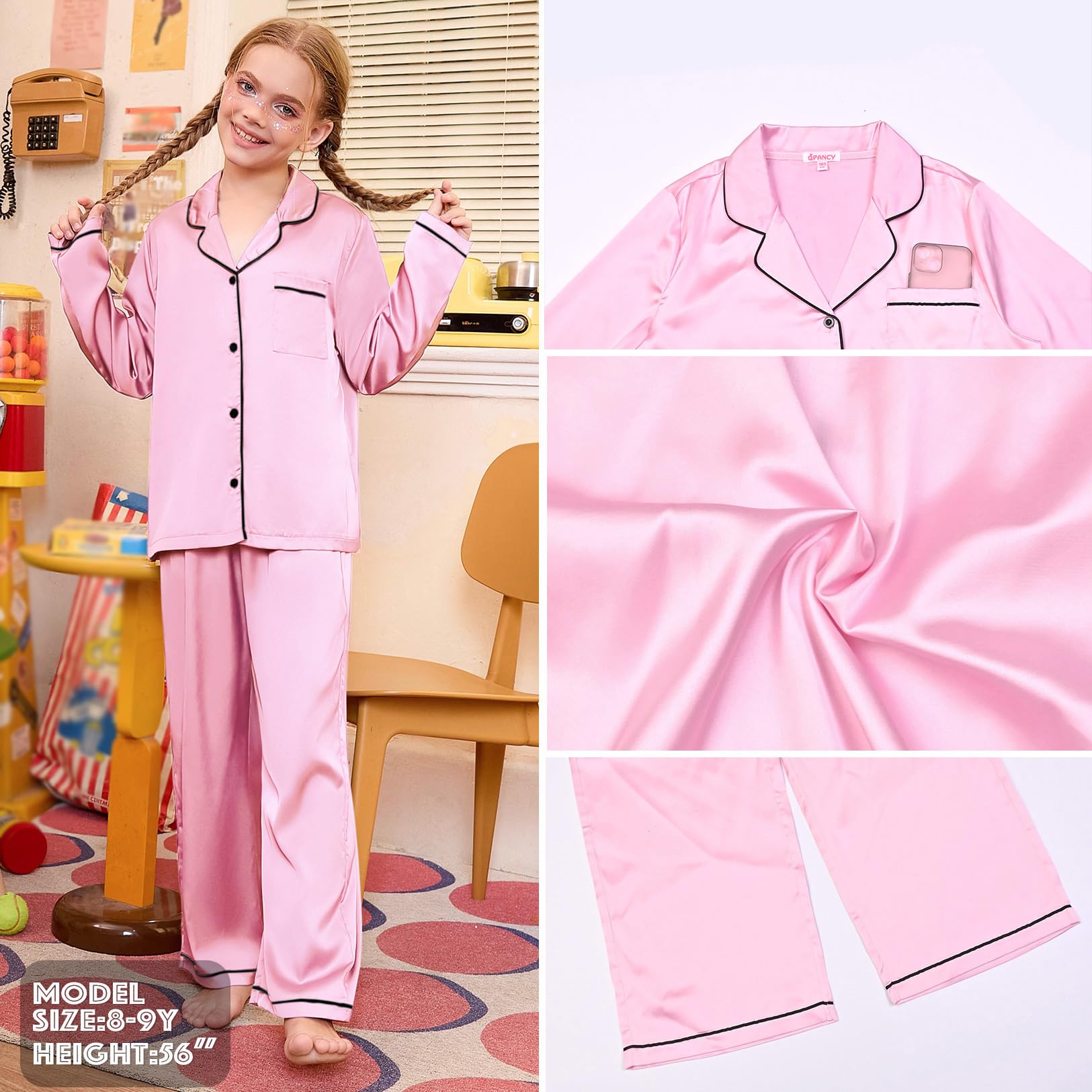 Girls Long Sleeve Satin Pajama Set with Matching Doll PJs