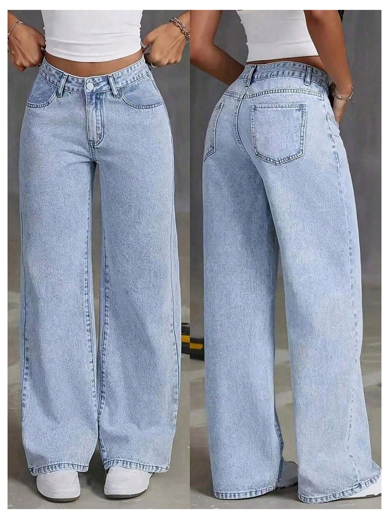 Girls High-Waisted Wide Leg Baggy Jeans with Pockets