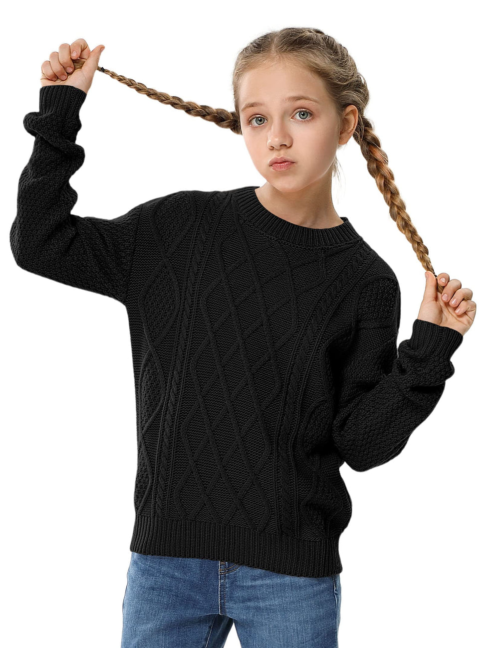 Kids Long Sleeve Cable Knit Crewneck Sweater
