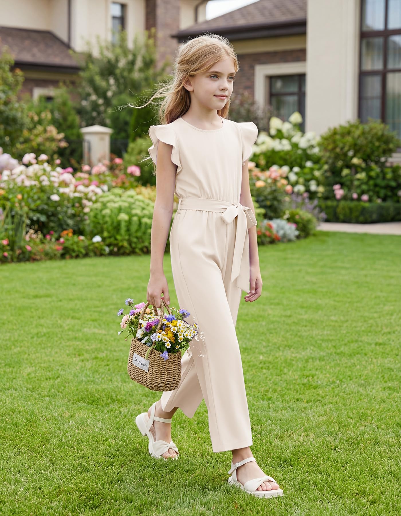 Girls Belted Wide Leg Jumpsuit with Pockets